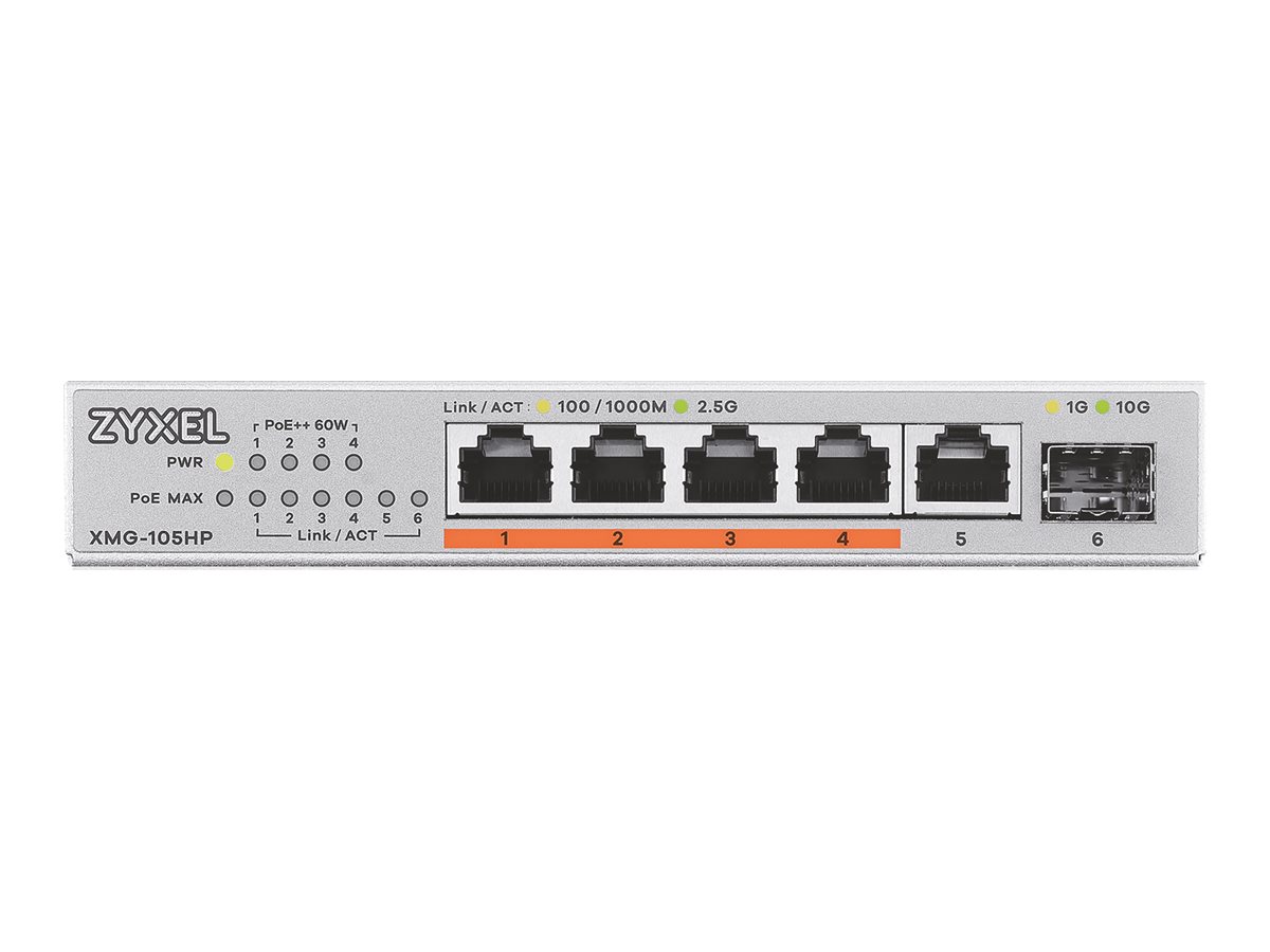 XMG-105 5 Ports 2,5G + 1 SFP+, 4 ports 70W total PoE++ Desktop MultiGig unmanaged Switch — image 1
